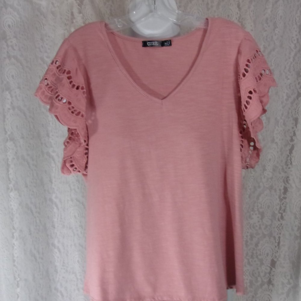 Cure Knit Top Eyelet Sleeve Rose Pink Size L  NWOT